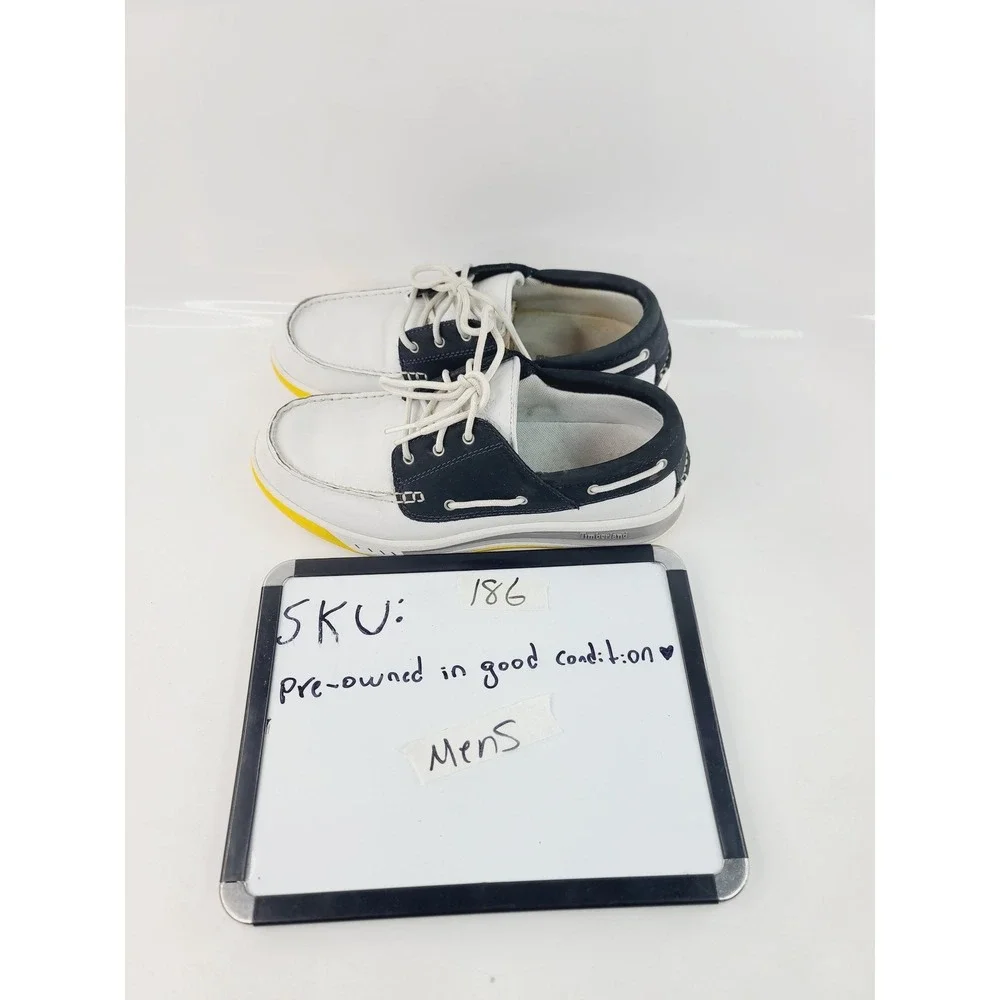 Timberland, Lace-Up Round Toe Leather Boat Shoes Men Size 10 White/Black/Yellow